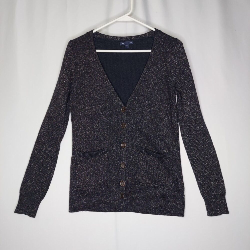 Gap Cardigan Womens Small Blue Gold Knit Button Metallic Vneck Pocket Vtg Y2K